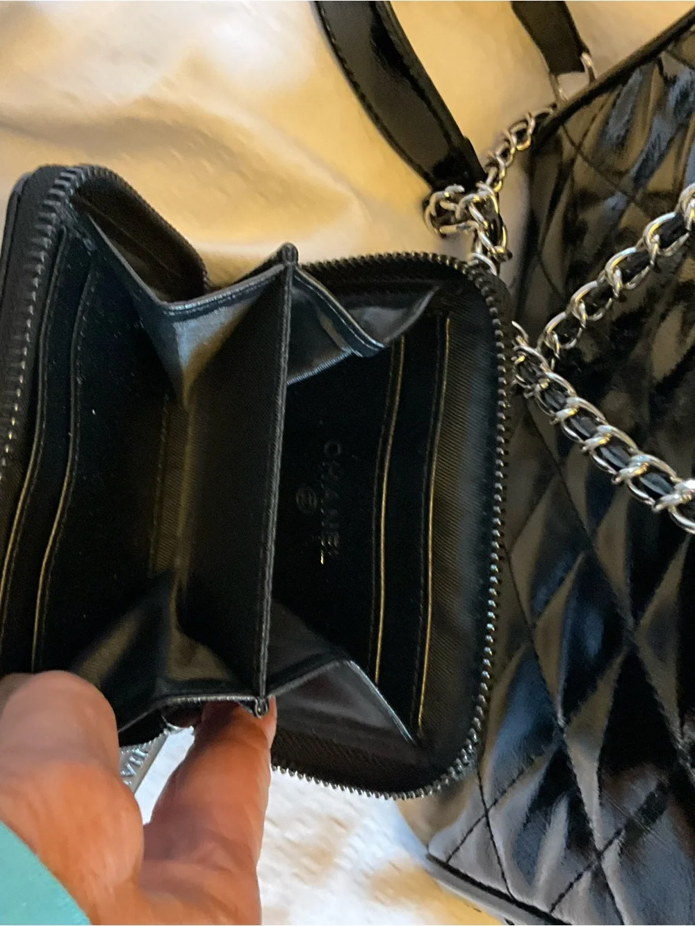 Designer Fashioned Black Quilted Patent Leather Satchel with Chain Strap